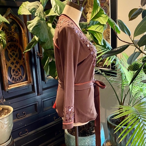 Anthropologie chocolate embellished wrap top - Picture 4 of 14